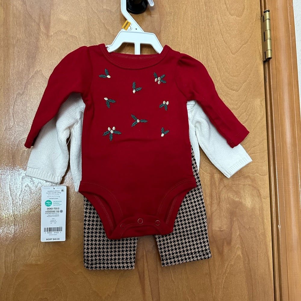 Newborn sweetest Christmas 3 piece set holly houndstooth leggings